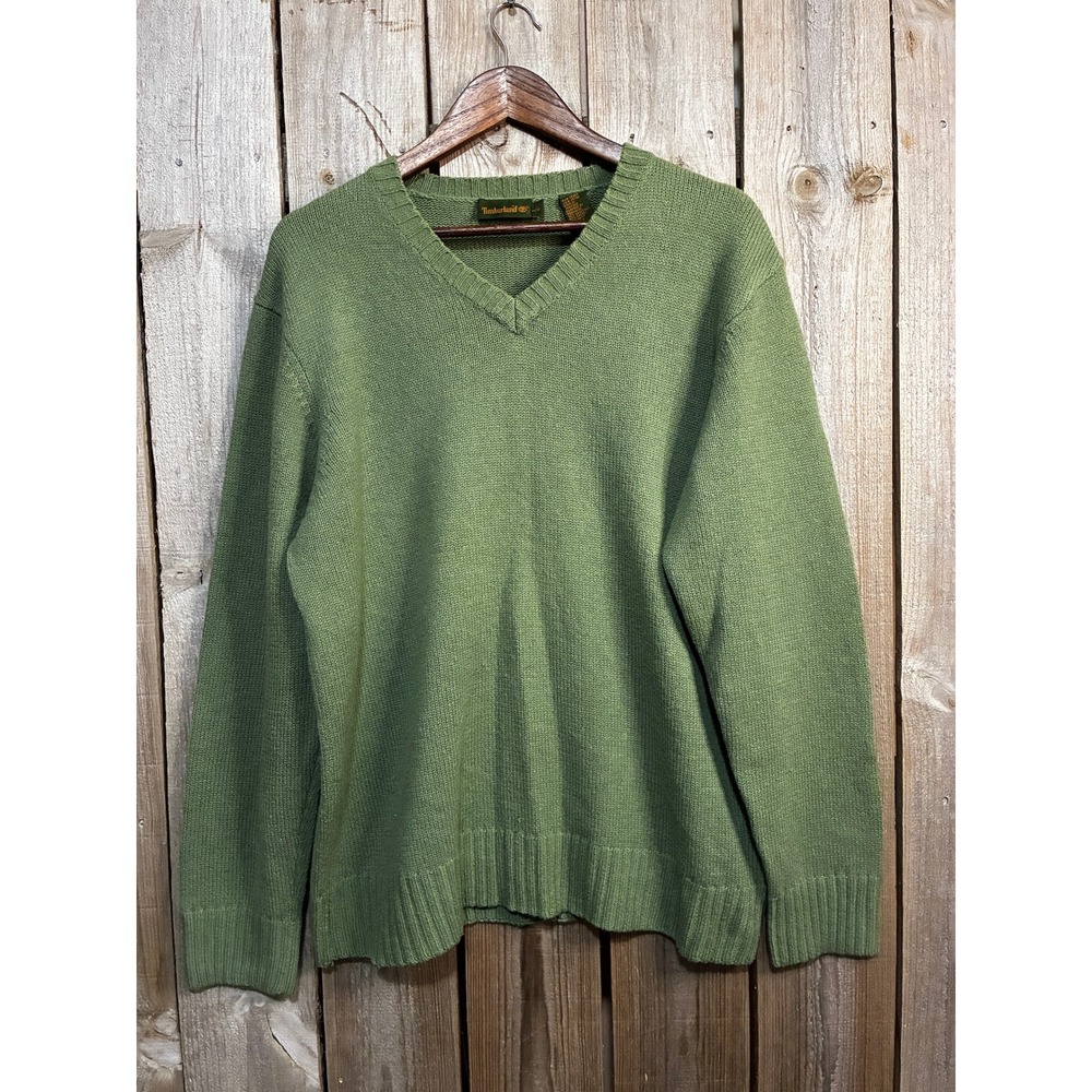 Timberland Mens V-Neck Sweater Olive Green Lambswool Cotton Blend Size Large